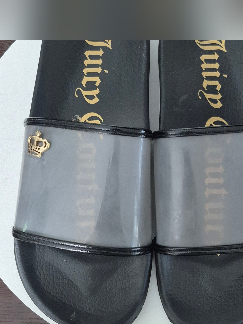 ​Juicy Couture Glimmer Black Jelly Slides with Gold Crown Embellishment - Size 8